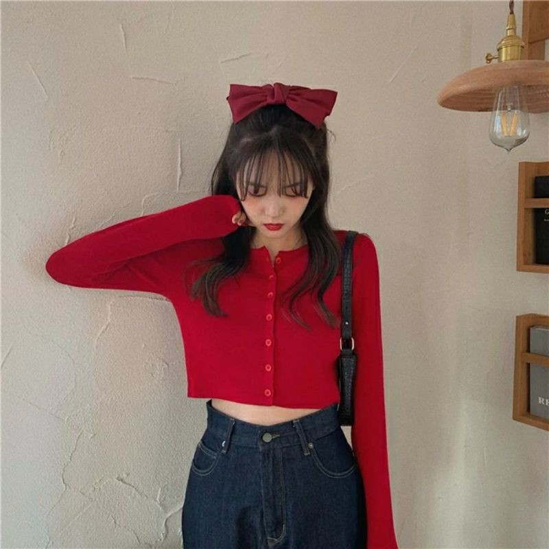 Áo thun len croptop nữ cổ tim phối nút ulzzang hàn quốc tay dài dễ thương
