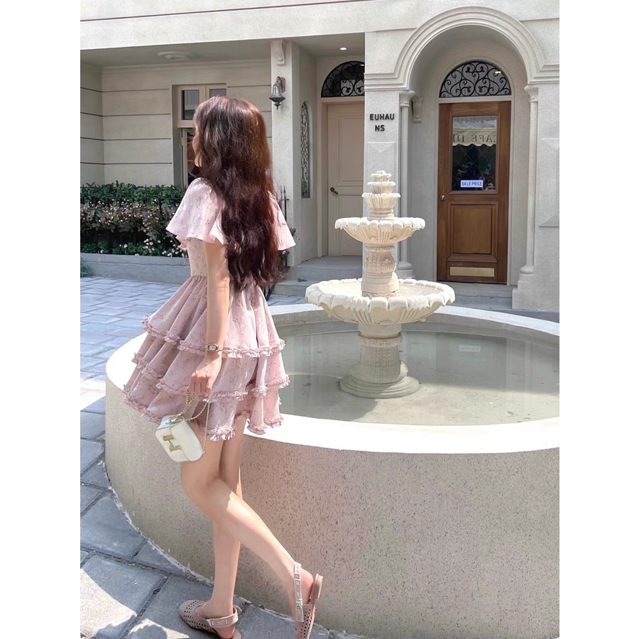 Váy hoa nhí tầng viển bèo đầm tơ mền tay nhỡ-MINXY SHOP