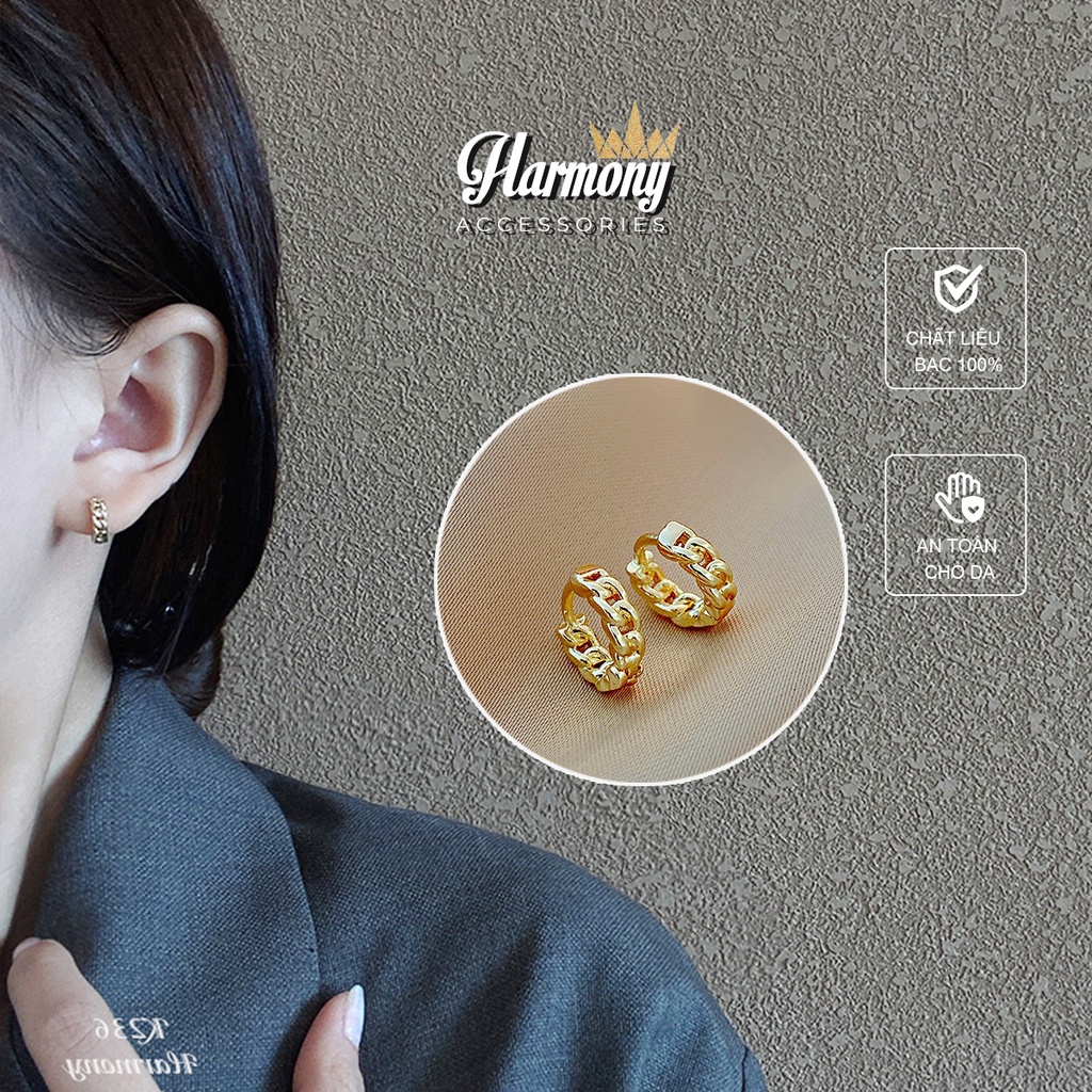 Bông khuyên tai nữ bạc mạ vàng 14k mắt xích nhỏ dáng tròn | HARMONY ACCESSORIES K236