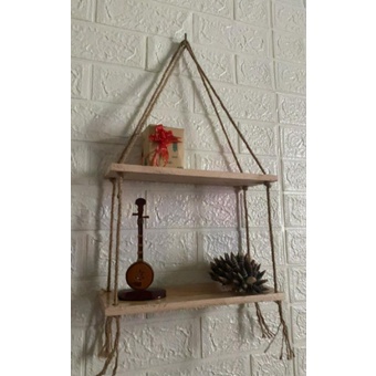 Kệ gỗ treo tường trang trí - Dây Thừng Boho Rustic 2 Tầng - để đổ lưu niệm, cây cảnh mini gỗ tự nhiên kt 10x30cm