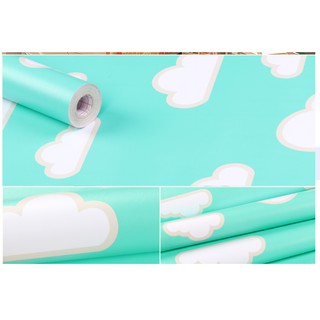 DECAL 1M PVC giấy dán tường khổ 45cm (có sẵn keo dán) mây trắng nền xanh ngọc