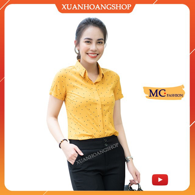 Áo Sơ Mi Nữ Công Sở, Họa Tiết Chấm Bi Đẹp, Ngắn Cộc Tay, Cổ Đức, Màu Vàng, Vải Lụa, Mc Fashion A0257 ་