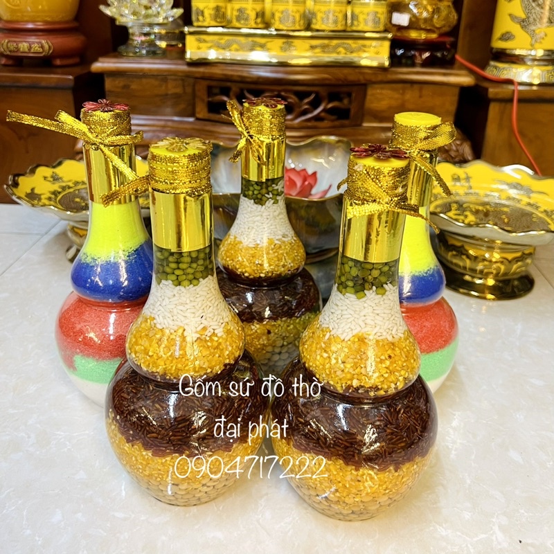Ngũ cốc thần tài, muối ngũ sắc thờ thần tài, gạo muối thần tài năng lại tài lộc may mắn cho gia chủ chai kích thước lớn