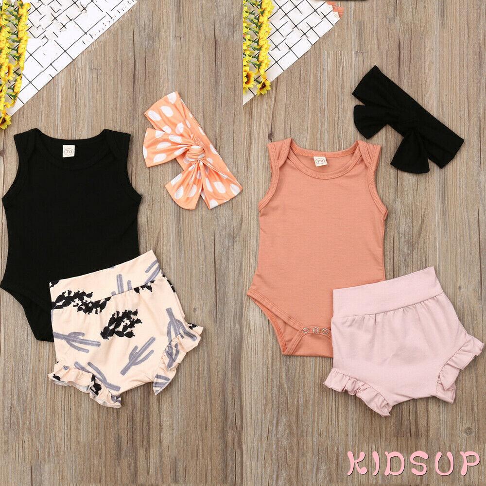 Set áo liền quần tã bằng cotton và quần short kèm băng đô cho bé gái sơ sinh