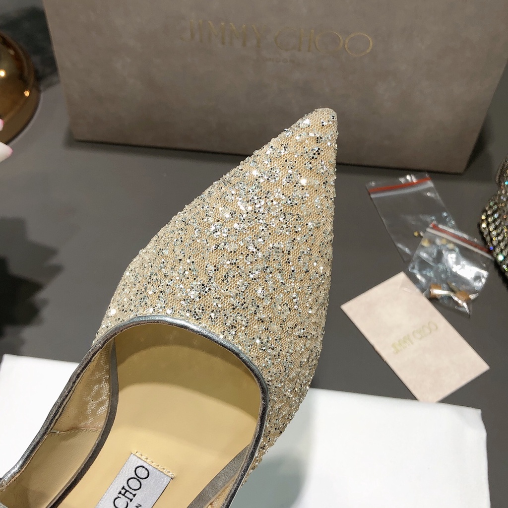 JIMMY CHOO Dép Đế Bằng Mũi Nhọn Đính Đá Pha Lê Lấp Lánh Phong Cách Thời Trang Hàn Quốc Dành Cho Nữ