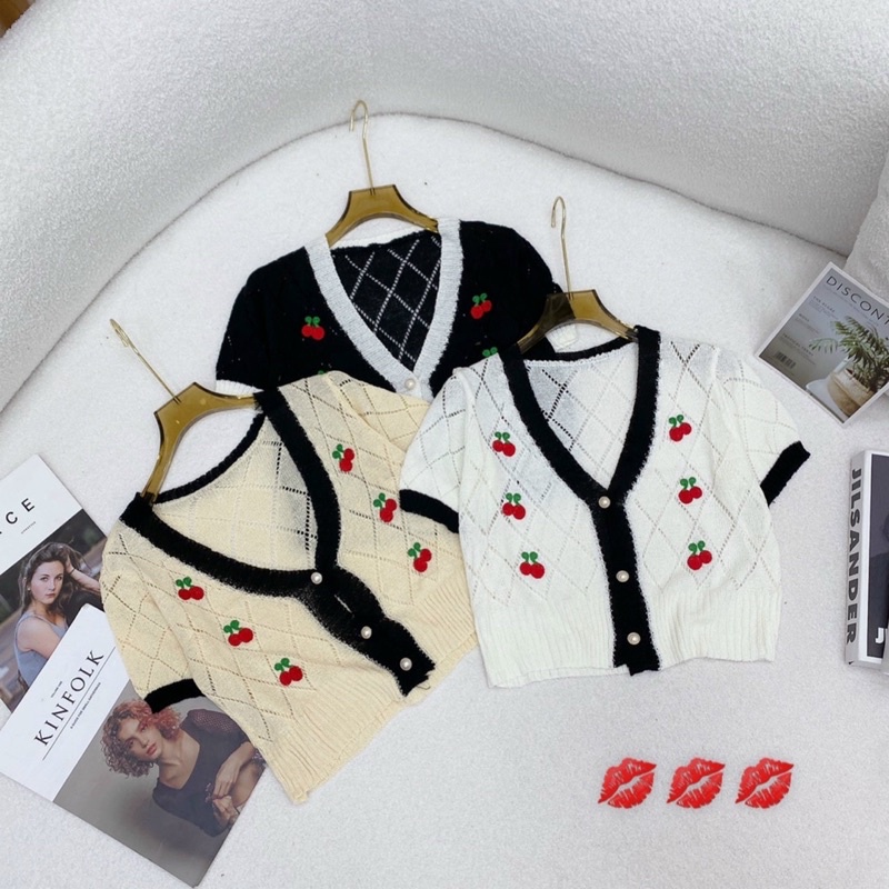 Áo len Cadigan tay cộc phối viền, hoạ tiết quả cherry bao xinh, dáng len ngắn lỡ