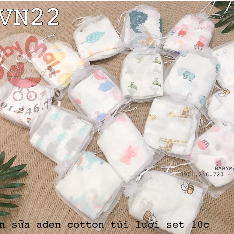 Khăn sữa Aden cotton set 10c túi lưới