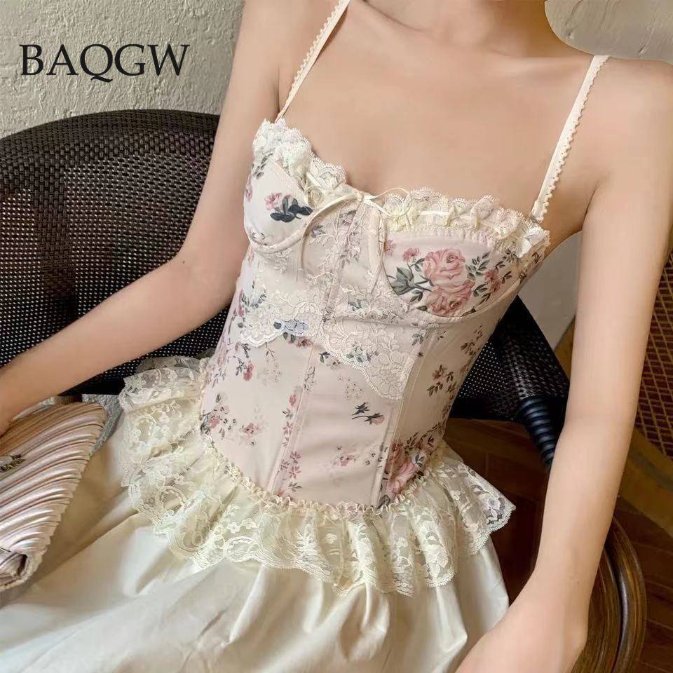 Áo Hai Dây Phối Ren Hoa Lưng Đan Dây Chéo Phong Cách Vintage Cho Nữ
