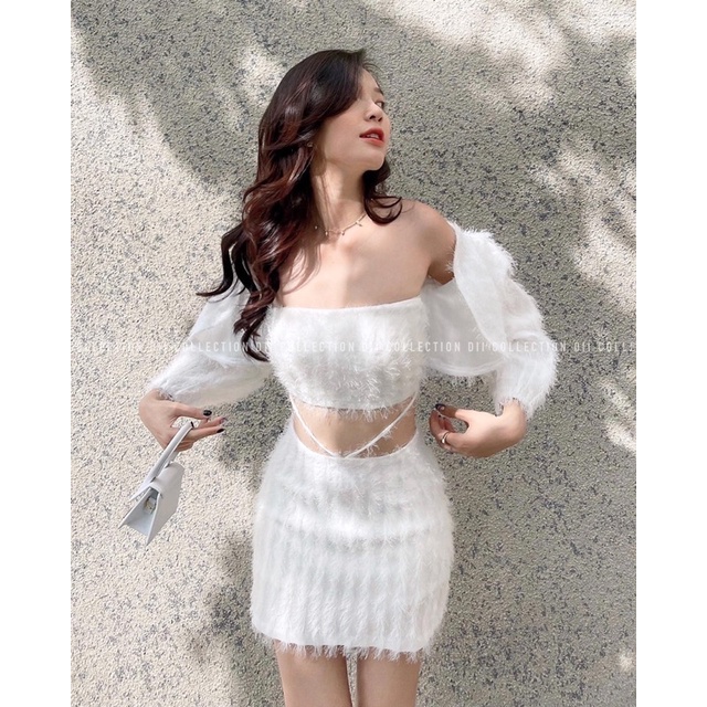 DII COLLECTION - Bộ váy thiết kế lông vũ thắt eo 3 món