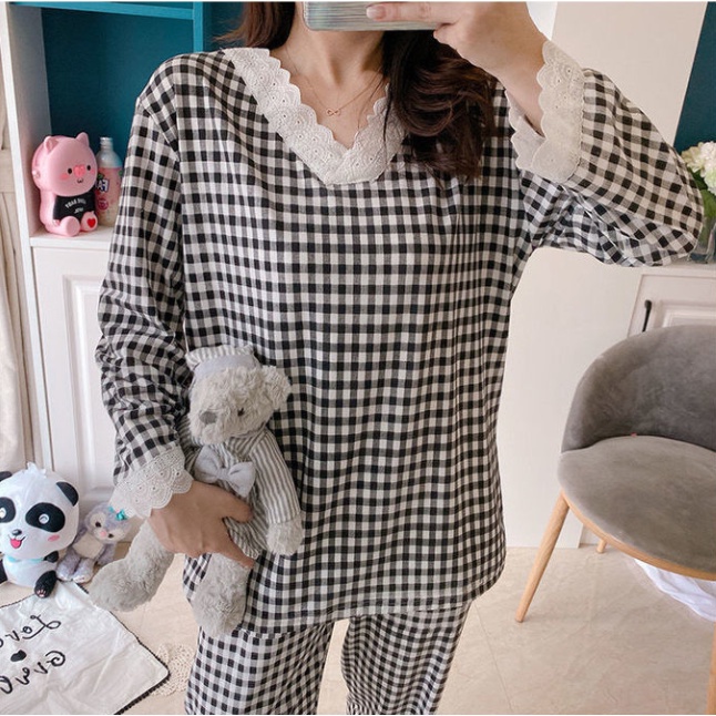 Bộ Đồ Ngủ Tay Dài Phối Ren Họa Tiết Caro Phong Cách Hàn Quốc Thời Trang Xuân Thu Cho Nữ