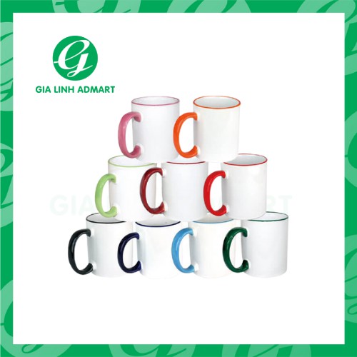 Ly cốc sứ uống nước màu trắng có tay cầm viền màu dễ thương