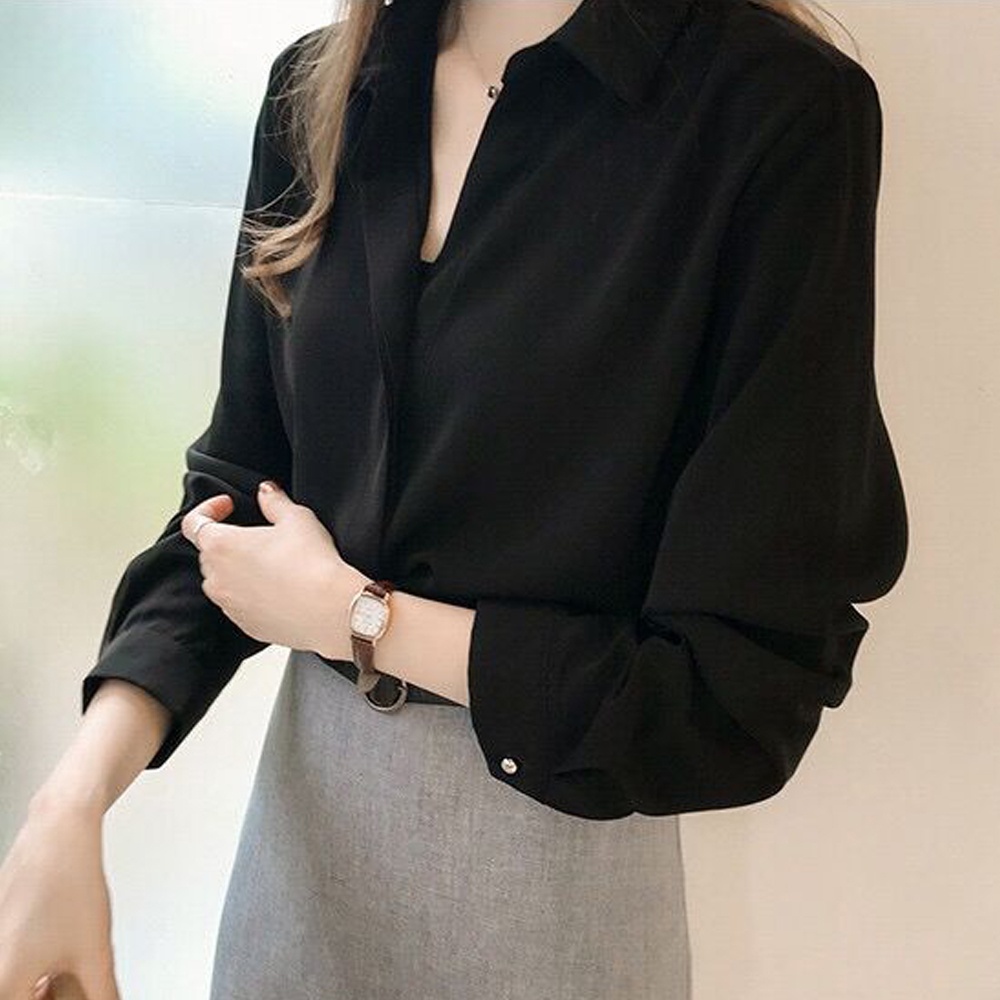 Áo Sơ Mi Công Sở Nữ Tay Dài Cổ Chữ V Chất Liệu Satin Kemeja Perempuan
