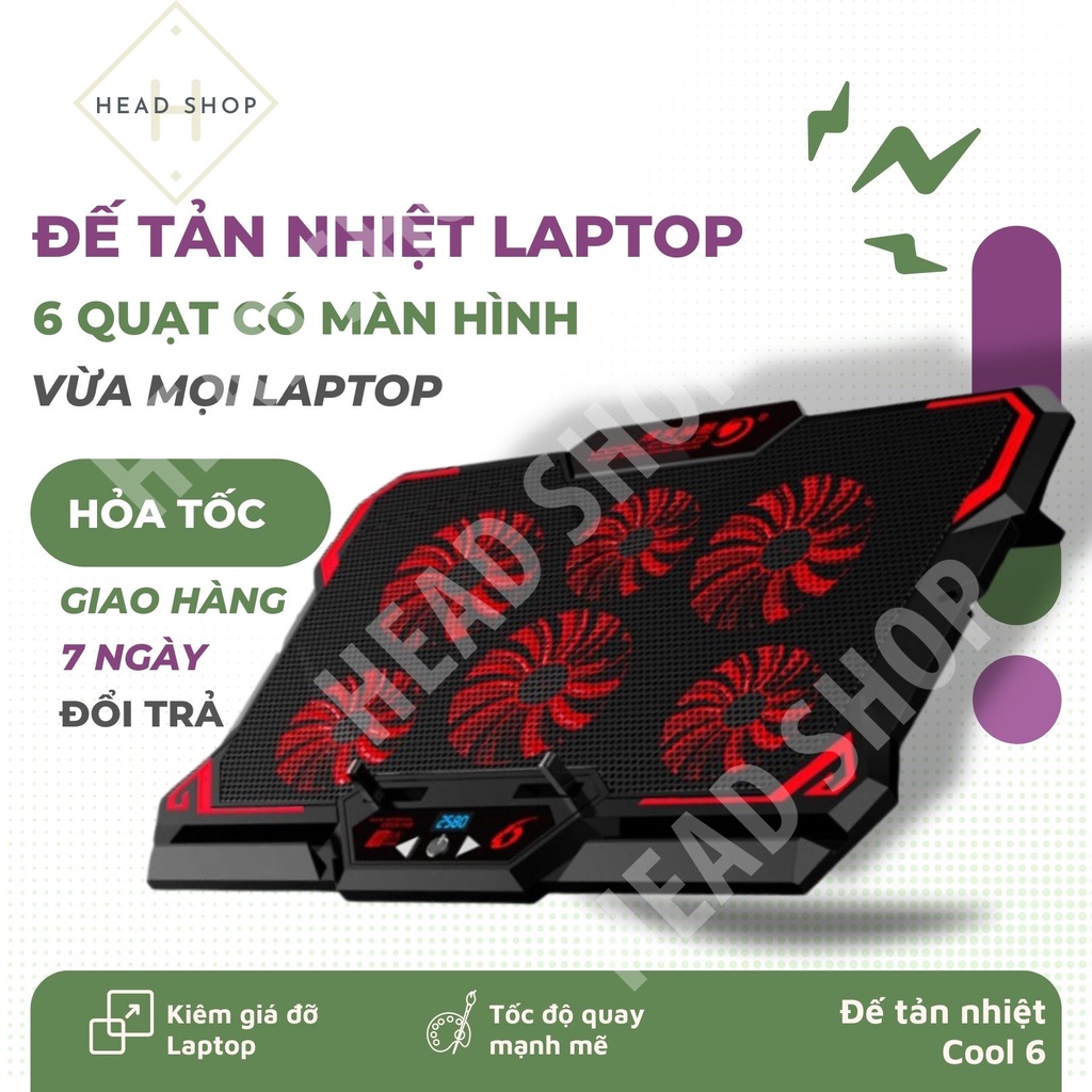 Đế tản nhiệt laptop COOL 6 2580RPM Màn hình điều khiển chống trượt làm mát nhanh quạt tản nhiệt gaming đèn led HEAD shop