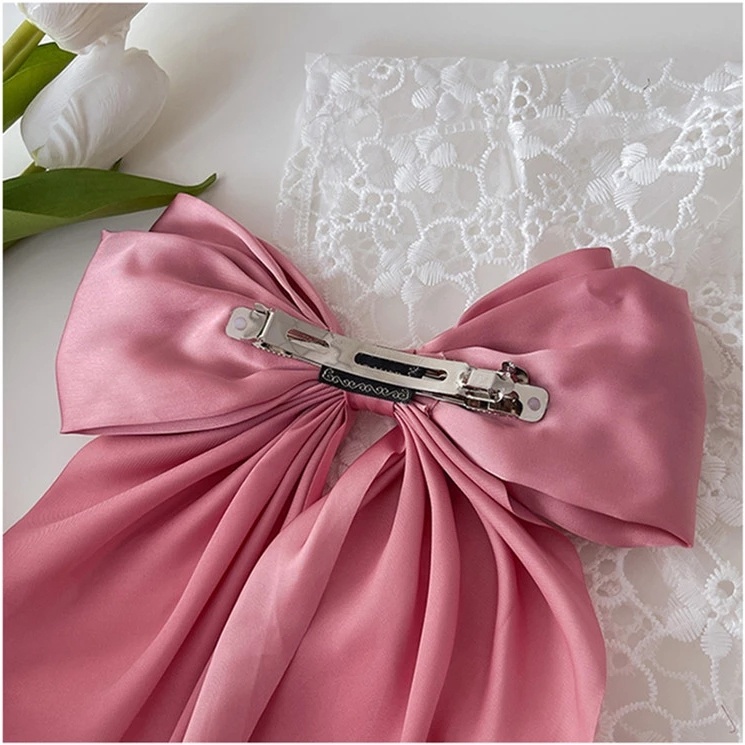 Kẹp tóc ruy băng dài hình nơ lớn màu sắc trơn phong cách Hàn Quốc cho nữ