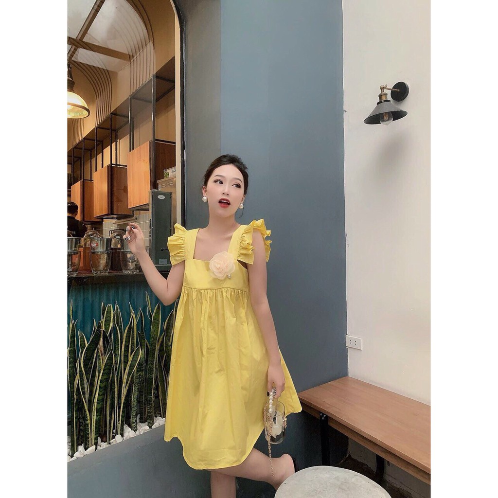 Đầm baby doll cổ vuông tay bèo kết bông dễ thương Rose Fashion