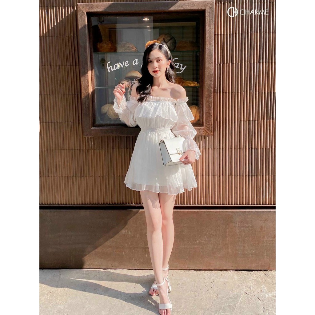 |Có Ảnh Thật| Váy Dáng Xoè Tay Dài Trễ Vai Nhún Eo Voan Bóng Ulzzang Siêu Xinh