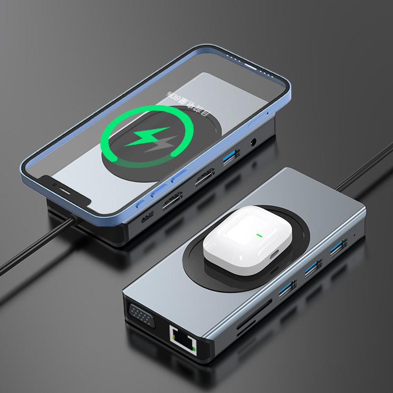 Hub Chuyển Đổi Type c Sang HDMI*2 4K VGA USB3.0 100W PD SD/TF2.0 RJ45 1000M 3.5mm Cho Macbook M1