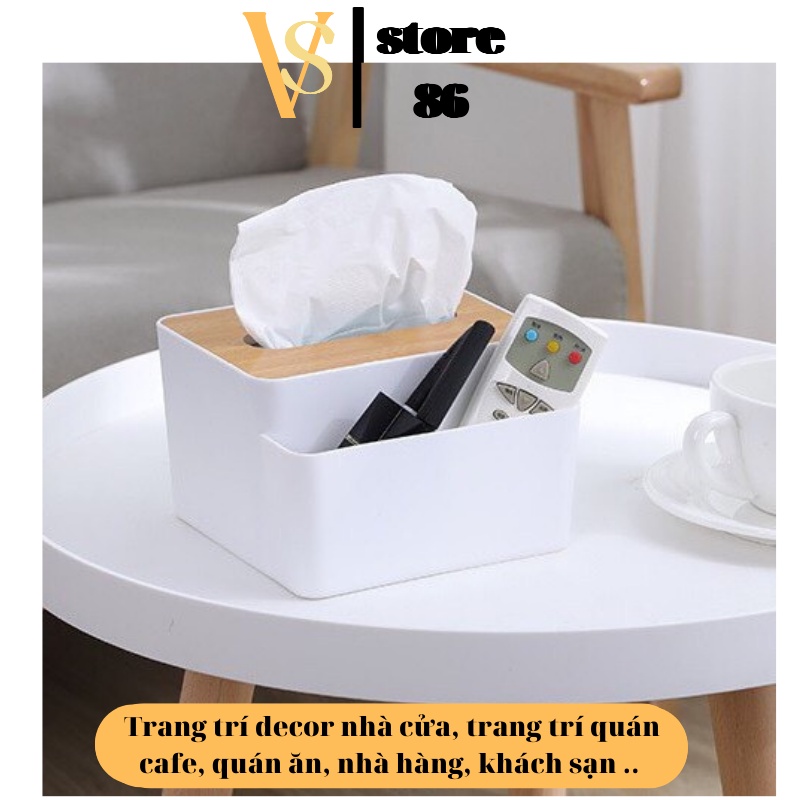 Hộp đựng giấy ăn sang trọng có ngăn để đồ đa năng, Hộp đựng khăn giấy để bàn cao cấp nắp gỗ