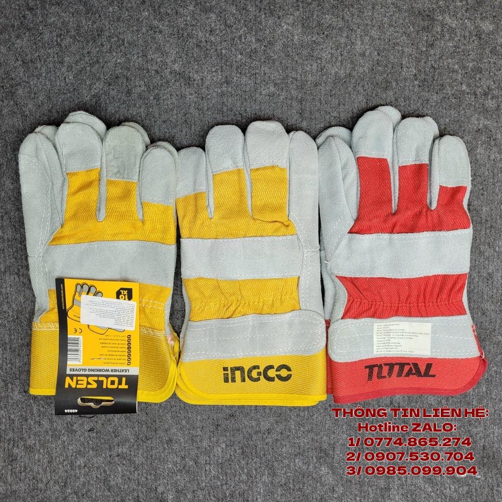 Găng tay bảo hộ lao động vải da bò thật TOTAL TSP14101 INGCO HGVC01 TOLSEN 45024 bao tay cách nhiệt hàn cắt, cơ khí