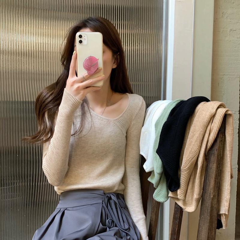 【out of stock】Áo dệt kim 45504 tay dài cổ lệch màu trơn phong cách thanh lịch dễ thương cho nữ | BigBuy360 - bigbuy360.vn