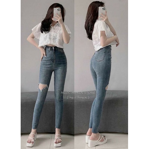 Quần jeans cạp cao rách gối pha dáng ôm