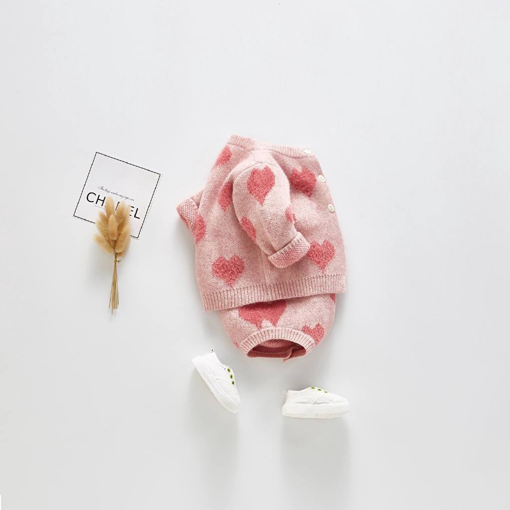 Bộ áo liền quần / áo khoác cardigan họa tiết trái tim dành cho bé gái