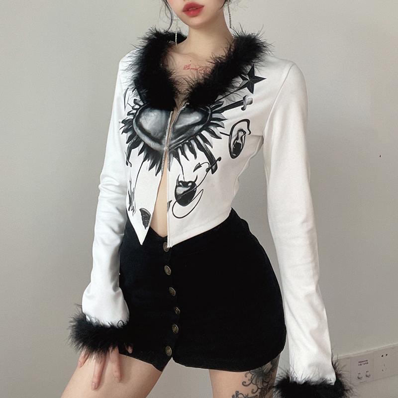 Western Style Hot Girl Cardigan Dark Print Coat Plush Decoration Trendy Women's Slim Long-sleeved Short Corp Top Fashion Cool And High-end