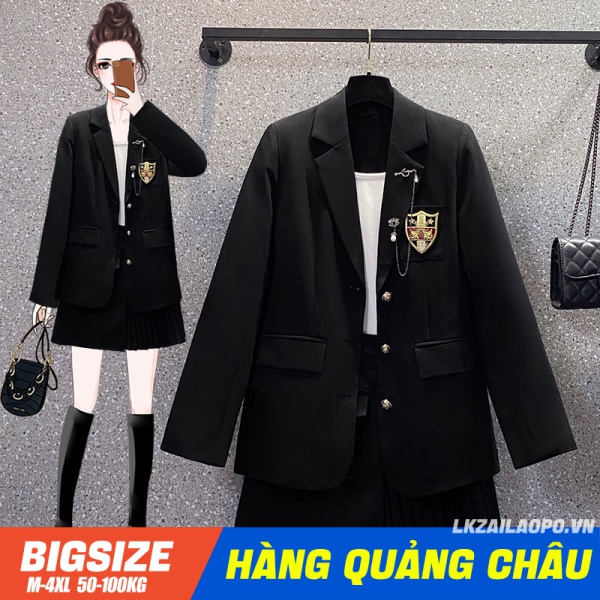 BIGSIZE(45-100KG)Set Bộ đồ nữ - Áo vest khoác form rộng Kết Hợp Quần giả váy cạp cao đen mùa thu - Phong cách Hàn Quốc