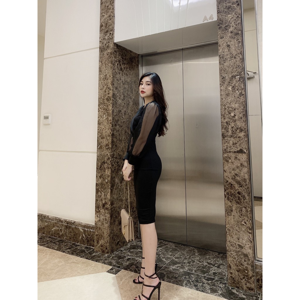 Đầm đen body đen tay dài phối voan cổ tim nhún eo chất umi Hàn Quốc co giãn Nancy A3