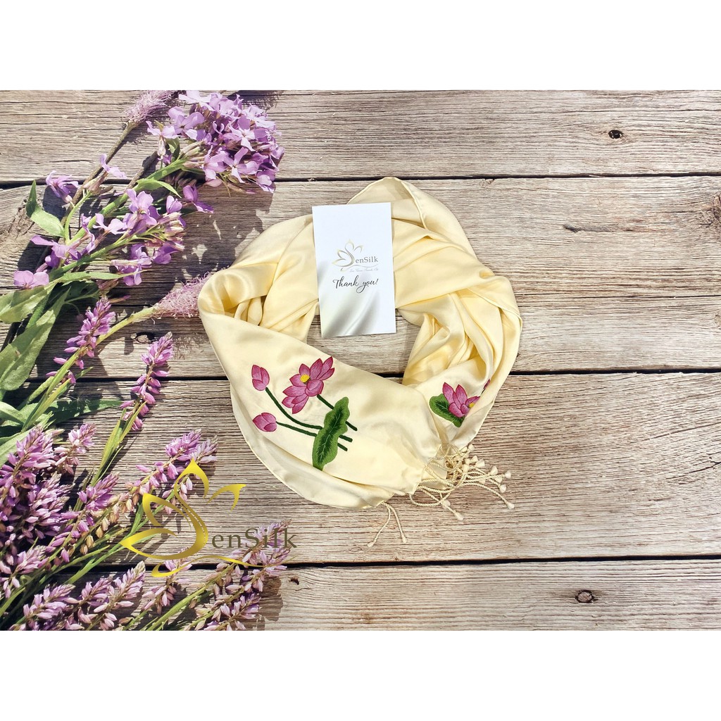 Khăn Lụa Cao Cấp SenSilk Thêu Tay Sen Việt 200x55cm, Quà Cho Người Nước Ngoài