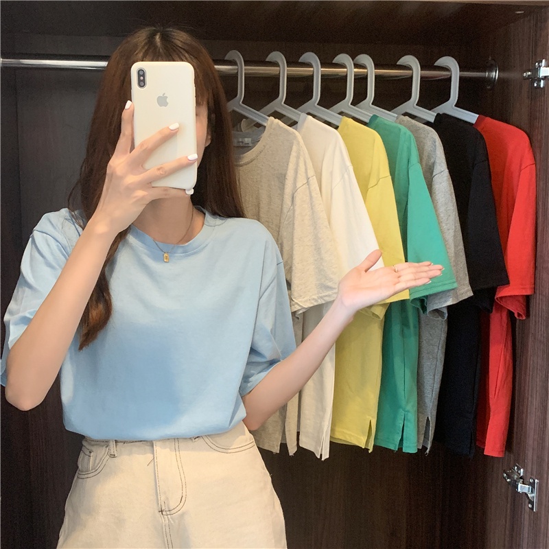 Áo thun SUXI tay ngắn dáng rộng màu trơn xẻ tà thời trang mùa hè cho nữ