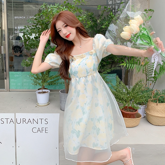 Đầm Perty tay phồng in họa tiết hoa phong cách Hàn Quốc xinh xắn cho nữ