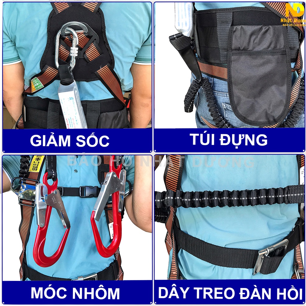 Dây an toàn toàn thân 2 móc nhôm thun đàn hồi giảm xóc có túi HPBEN33, Dây bảo hộ lao động Nhật Dương Kukje