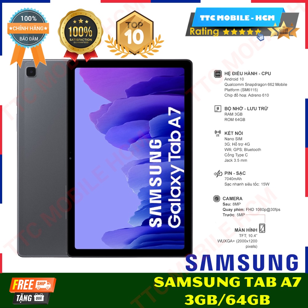 Máy tính bảng Samsung Galaxy Tab A7 (2020) Pin 5.000 mAH - Freeship | Hàng Chính Hãng - Nguyên Seal - TTC Mobile