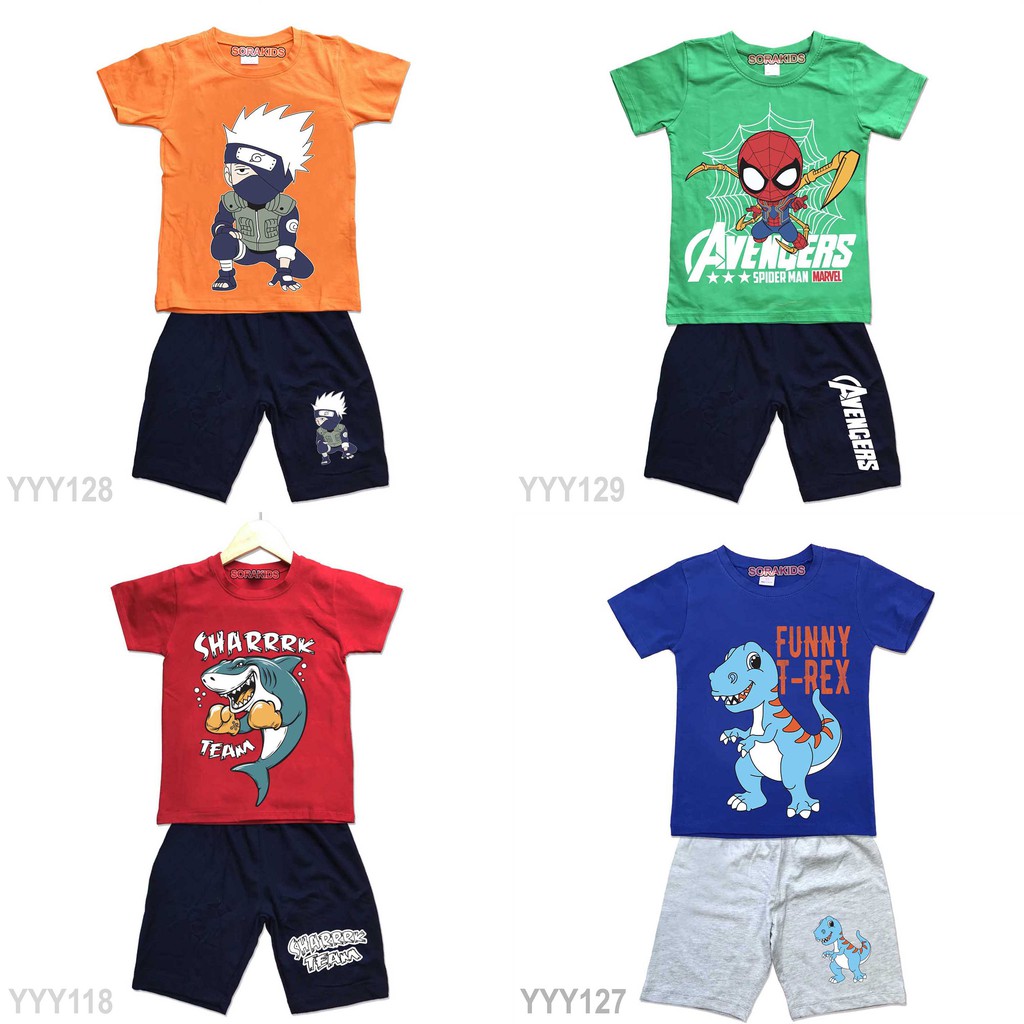[ cotton 100% ] Bộ quần áo in hình thú Sorakids cho bé trai  2-10 tuổi Bộ quần áo trẻ em chất  Size từ 9-40 kg A