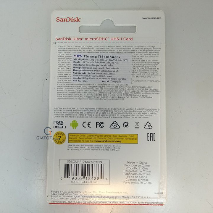 Thẻ nhớ 32Gb SanDisk Ultra Class 10 100Mb/s chính hãng