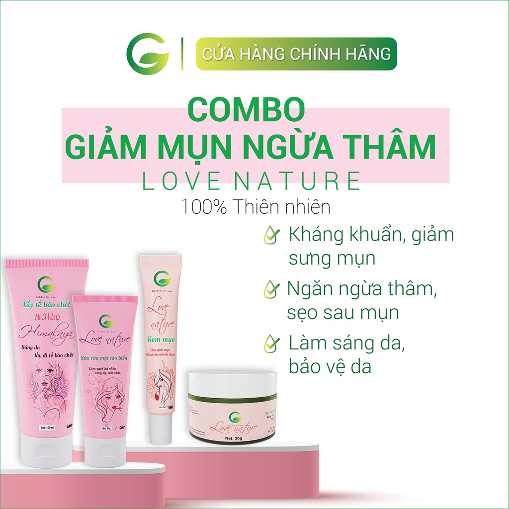 Combo giảm mụn ngừa thâm Love Nature gồm Tẩy tế bào chết, Sữa rửa mặt, Kem mụn, Mặt nạ tảo biển