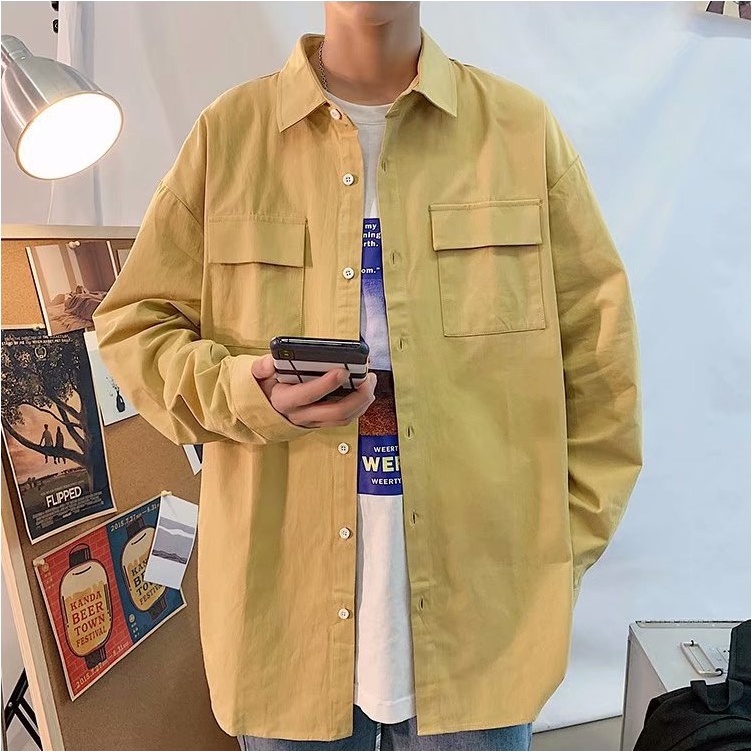Áo sơ mi nam form rộng dài tay vải thô màu vàng phong cách Hàn Quốc Quảng Châu hà nội hcm Pon.mens