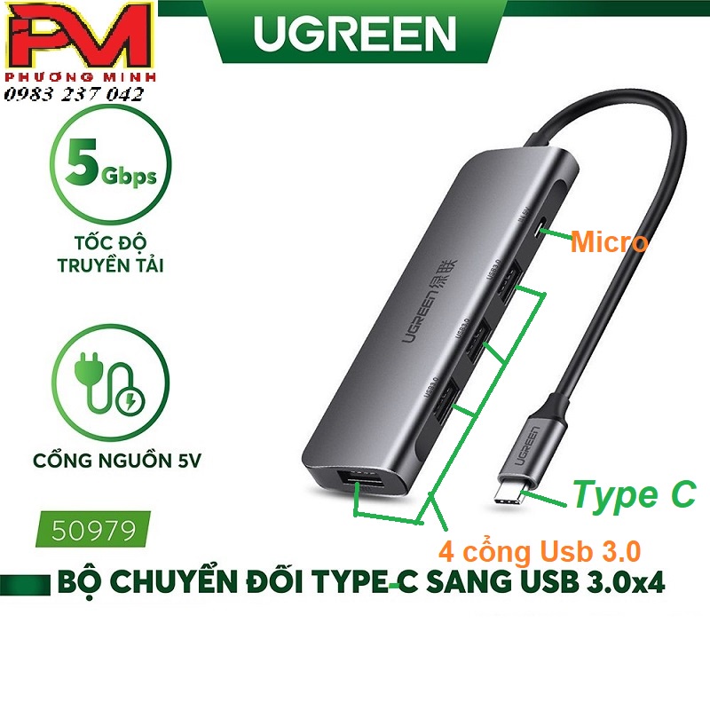 Bộ chia cổng USB Type-C sang 4 cổng USB 3.0 Ugreen 50979 - Hàng chính hãng