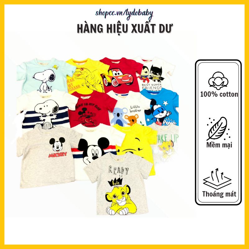 Áo thun cho bé trai bé gái HM xuất dư xịn 100% cotton size trẻ em 1 tuổi - 6 tuổi hình Mickey khủng long xe đua