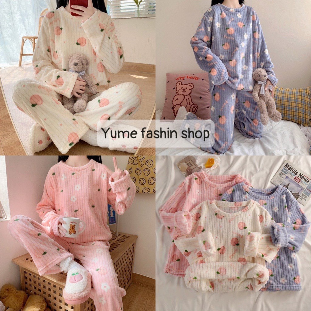 Bộ mặc nhà nỉ lông hoạ tiết trái đào mềm siêu ấm áp, bộ ngủ lông cừu mẫu mới 2022