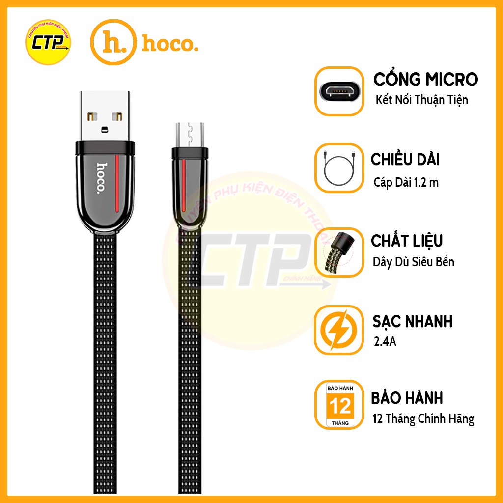 Cáp Sạc Nhanh 2.4A Bọc Dây Dù Android Hoco U74 Chính Hãng -Dây Sạc 1.2m -Micro USB (Samsung cũ)-Bảo 