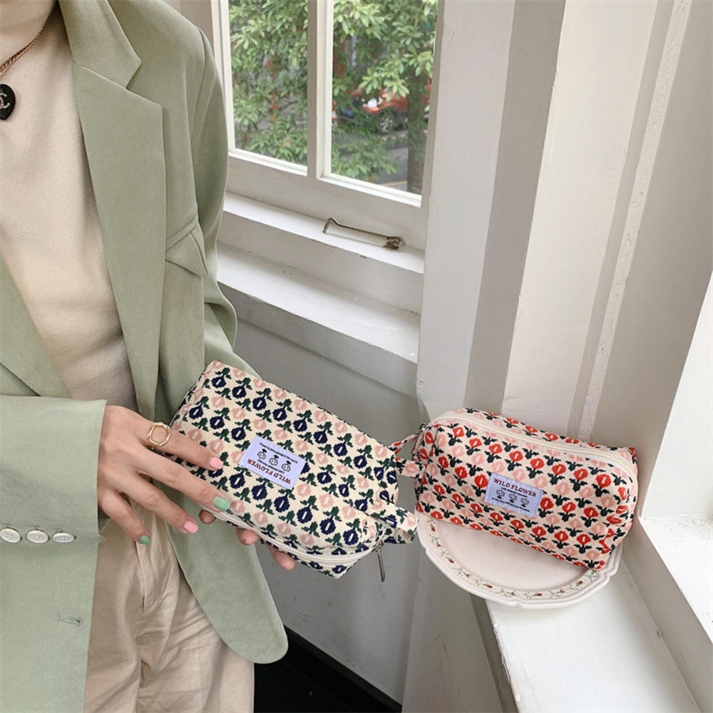 Túi Đựng Bút Chì/ Đồ Trang Điểm Bằng Vải Nhung Kẻ Sọc Caro Và Hoa Thời Trang Hàn Quốc Cho Nữ