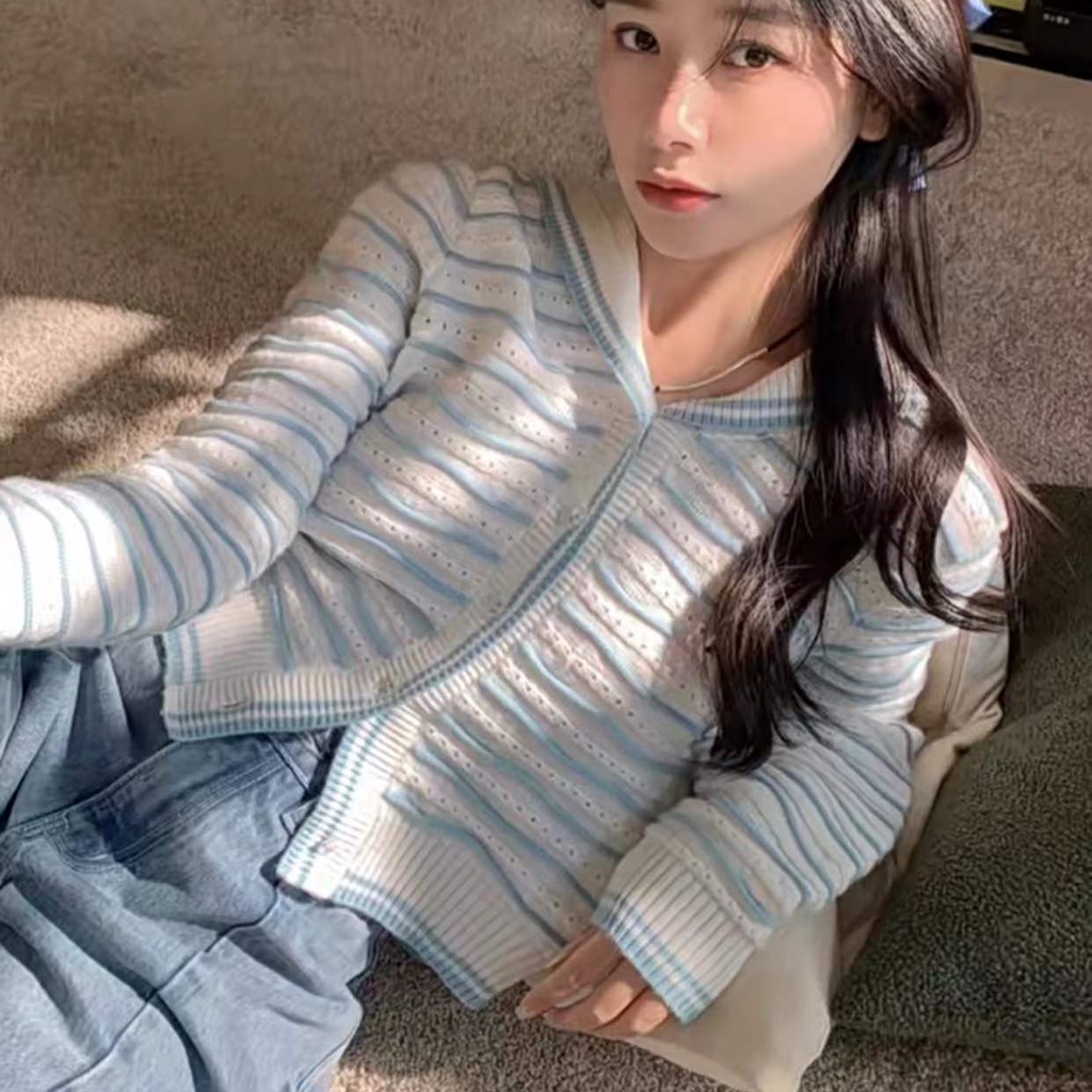 Áo cardigan ZHELIHANGFEI dệt kim tay dài cổ thủy thủ kẻ sọc dáng rộng dễ phối đồ