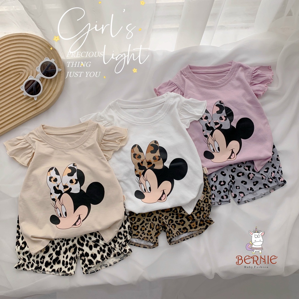 Bộ cotton cộc tay hoạ tiết micky bé gái, bộ thun mùa hè mềm mát cho bé
