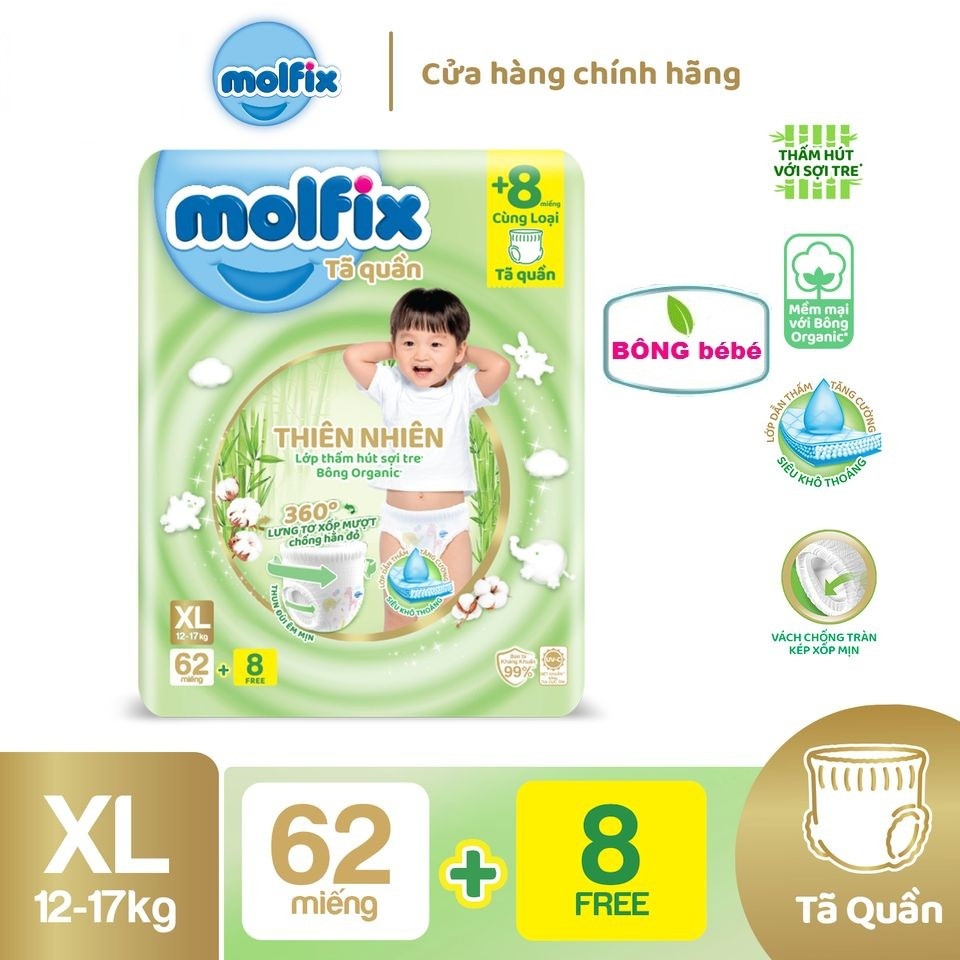 Tã quần Molfix thiên nhiên an toàn bông tự nhiên- Ultra XL (12kg-17kg)- Gói 62+8 miếng