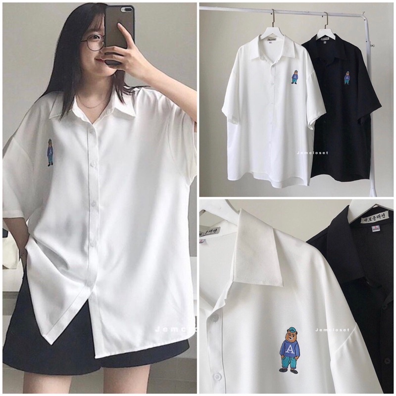 Áo Sơ Mi Tay Lỡ Thêu Gấu Ngực Form Rộng Chuẩn Hình Nhiều Màu