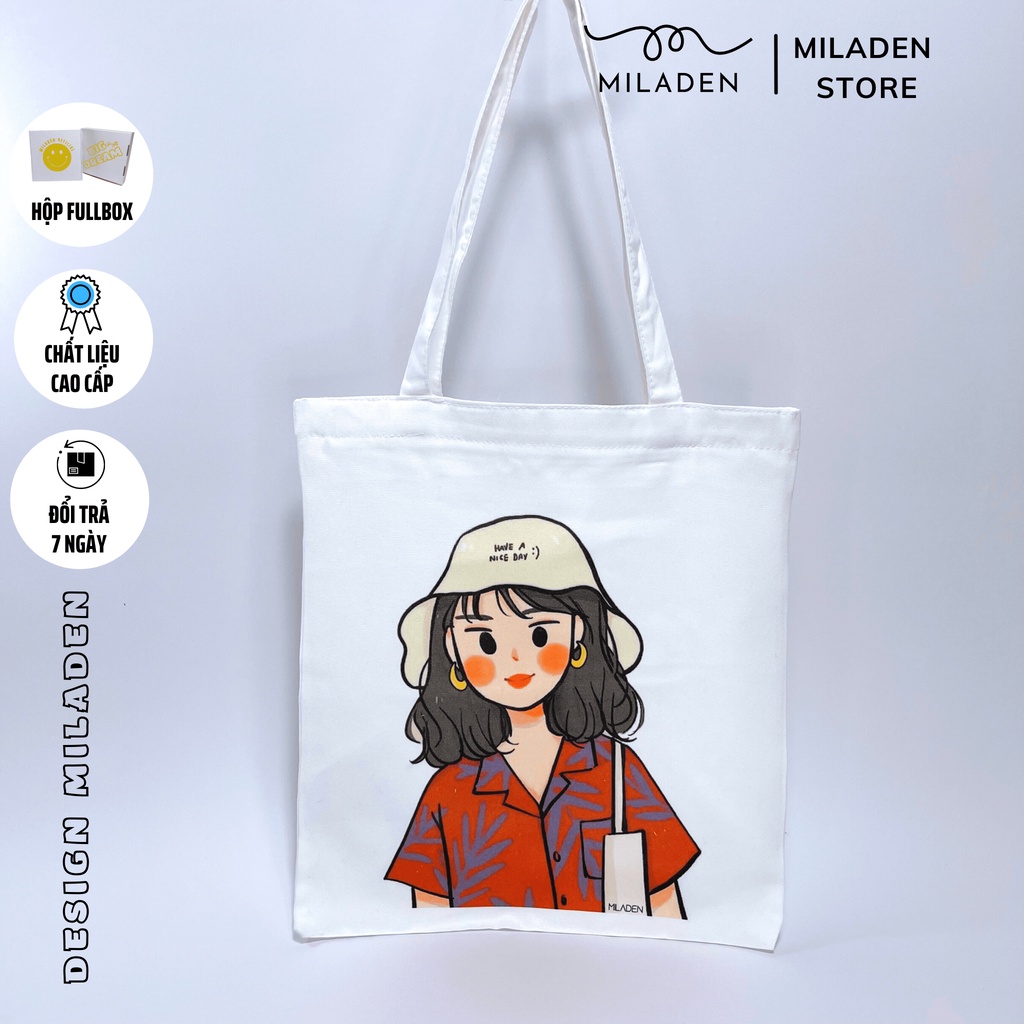 Túi vải,Túi Tote Canvas MILADEN Thiết Kế Girl Đội Nón Miladen.