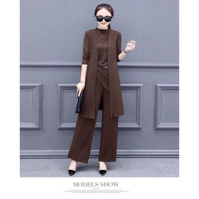 Set Len Quần Dáng Suông - Bộ Quần Áo Len Nữ Dáng Dài 3 Món Rút Gấu Kèm Áo Khoác Phong Cách Tổng Tài
