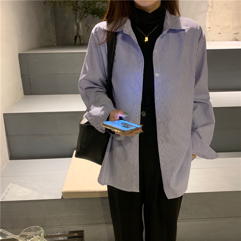 Áo Sơ Mi Tay Dài Họa Tiết Kẻ Sọc Phong Cách Retro Hàn Quốc